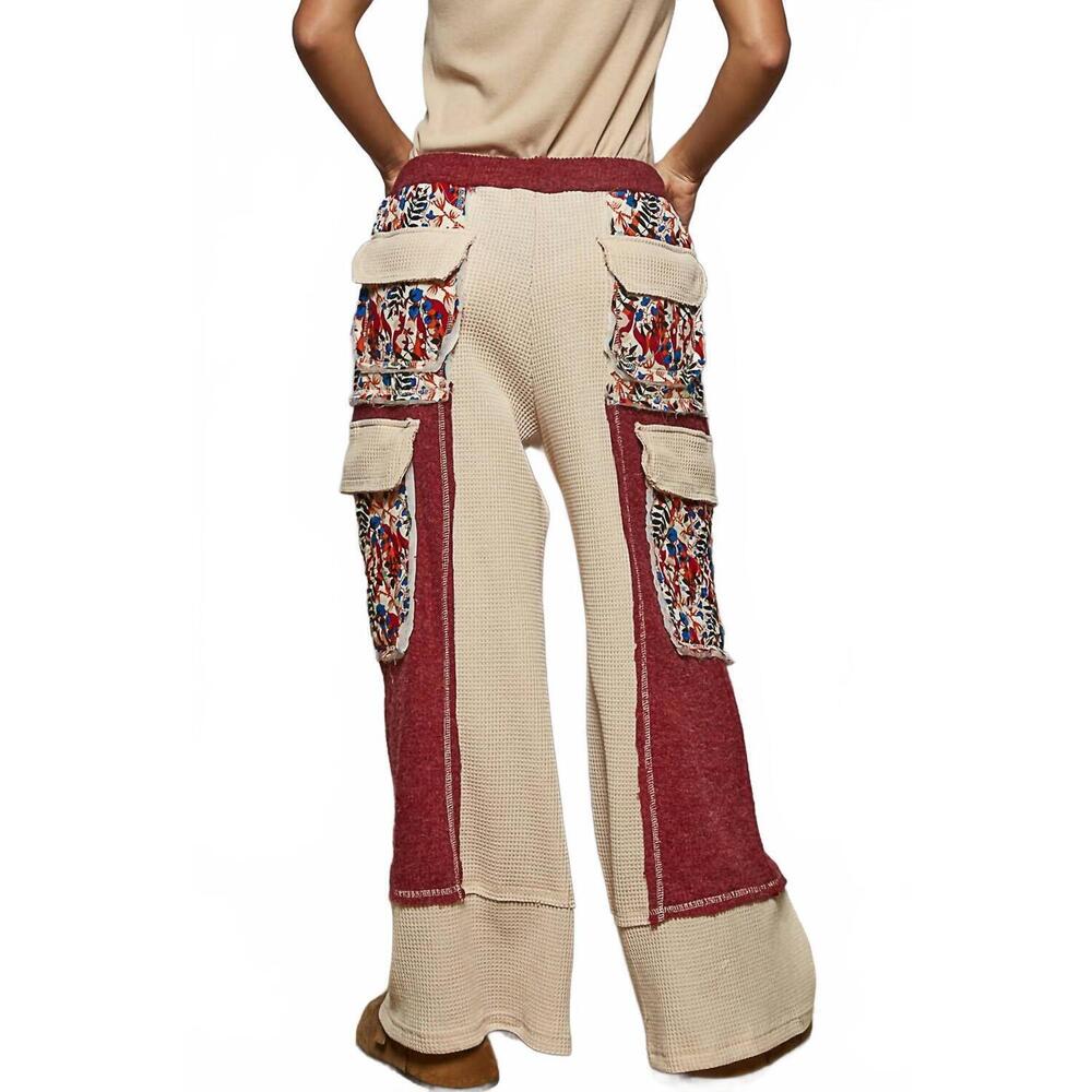 NEW POL contrast thermal knit patchwork pants in burgundy - Picture 4 of 5